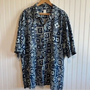 Navy Floral Patterned Men's Casual Shirt silk Burma bias size large